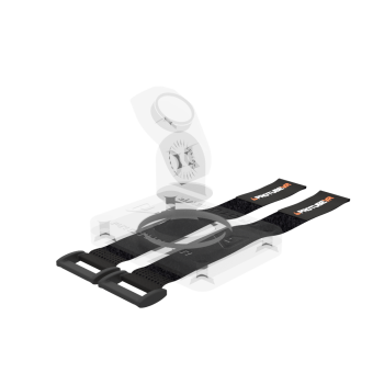 left view of a pair of velcro straps with ProTubeVR logo with transparent protas hotas