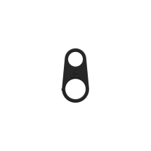 Front view of a black plastic ring to slide over a tube to attach the shoulder strap's carabiner