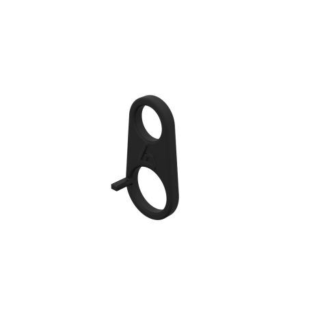 Left view of a black plastic ring to slide over a tube to attach the shoulder strap's carabiner