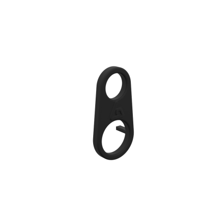 Right view of a black plastic ring to slide over a tube to attach the shoulder strap's carabiner