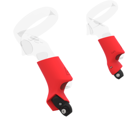 Left view of Pair of Red PLA cups Controller mount spare parts for Focus 3 with Fastened Attachment