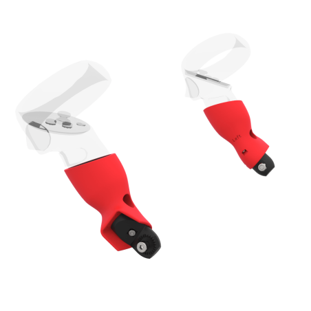 Left view of Pair of Red PLA cups Controller mount spare parts for Meta Quest 2 with Fastened Attachment