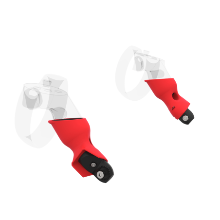 Left view of Pair of Red PLA cups Controller mount spare parts for Oculus Rift CV1 with Fastened Attachment