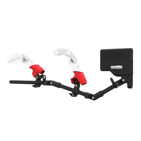 Left view of ForceTube with Haptic Explorer stock for HTC Vive with Black Carbon Armature and Red PLA cups