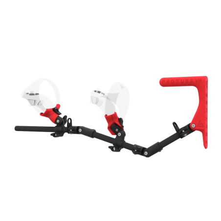 Left view of MagTube vr gunstock for PSVR 2 with Carbon Armature with Red MK1 Buttstock and Red PLA cups