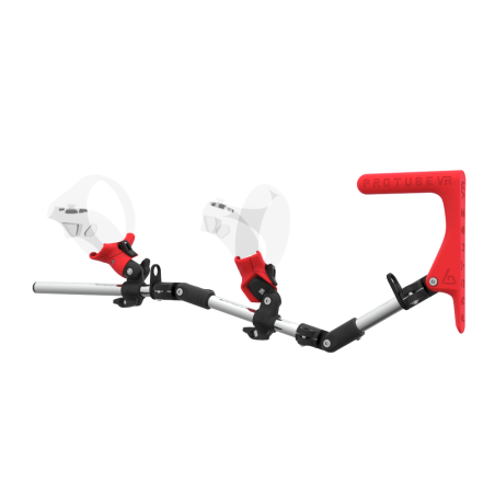 Left view of MagTube vr gunstock for PSVR 2 with Chrome Armature with Red MK1 Buttstock and Red PLA cups