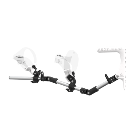 Left view of MagTube vr gunstock for PSVR 2 with Chrome Armature with White MK1 Buttstock and White PLA cups