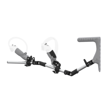 Left view of MagTube vr gunstock for Pico 4 with Chrome Armature with Grey MK1 Buttstock and Grey PLA cups