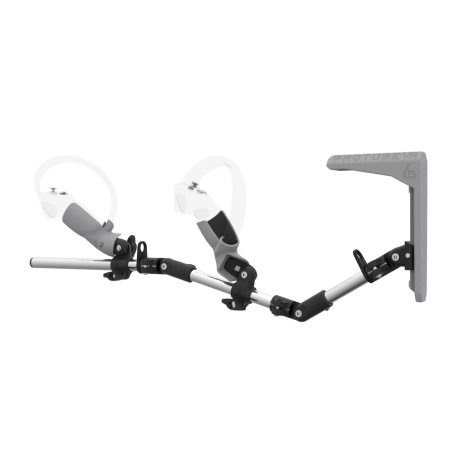 Left view of MagTube vr gunstock for Pico 4 with Chrome Armature with Grey MK2 Buttstock and Grey PLA cups