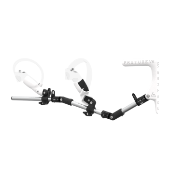 Left view of MagTube vr gunstock for Pico 4 with Chrome Armature with White MK1 Buttstock and White PLA cups