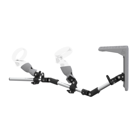 Left view of MagTube vr gunstock for Pico Neo 3 with Chrome Armature with Grey MK2 Buttstock and Grey PLA cups