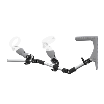 Left view of MagTube vr gunstock for Meta Quest 1 with Chrome Armature with Grey MK1 Buttstock and Grey PLA cups