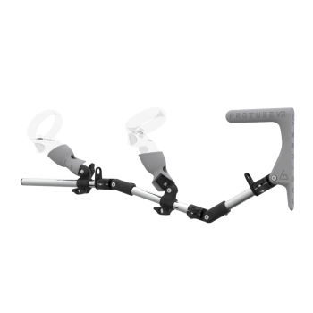 Left view of MagTube vr gunstock for Meta Quest 1 with Chrome Armature with Grey MK1 Buttstock and Grey PLA cups