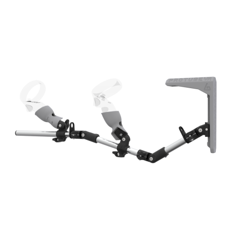 Left view of MagTube vr gunstock for Meta Quest 1 with Chrome Armature with Grey MK2 Buttstock and Grey PLA cups