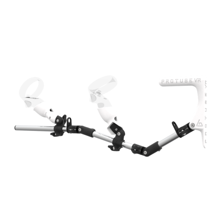 Left view of MagTube vr gunstock for Meta Quest 1 with Chrome Armature with White MK1 Buttstock and White PLA cups