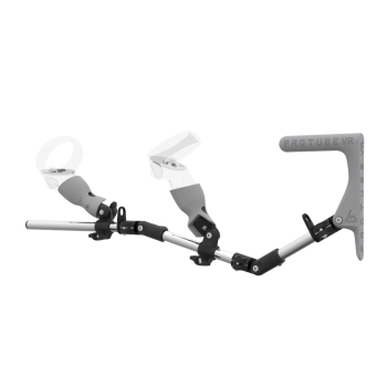 Left view of MagTube vr gunstock for Meta Quest 2 with Chrome Armature with Grey MK1 Buttstock and Grey PLA cups