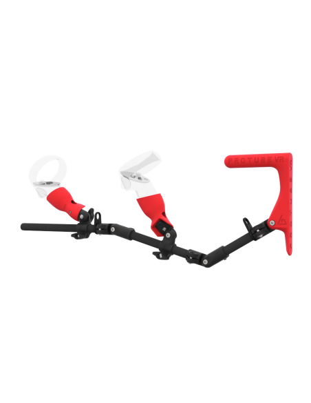 Left view of MagTube vr gunstock for Meta Quest 2 with Carbon Armature with Red MK1 Buttstock and Red PLA cups
