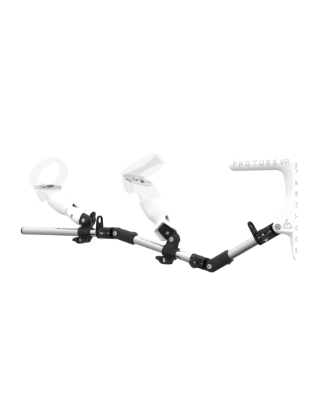 Left view of MagTube vr gunstock for Meta Quest 2 with Chrome Armature with White MK1 Buttstock and White PLA cups