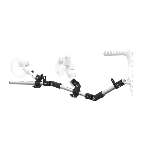 Left view of MagTube vr gunstock for Rift CV1 with Chrome Armature with White MK1 Buttstock and White PLA cups