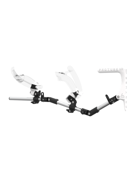 Left view of MagTube vr gunstock for Valve Index with Chrome Armature with White MK1 Buttstock and White PLA cups