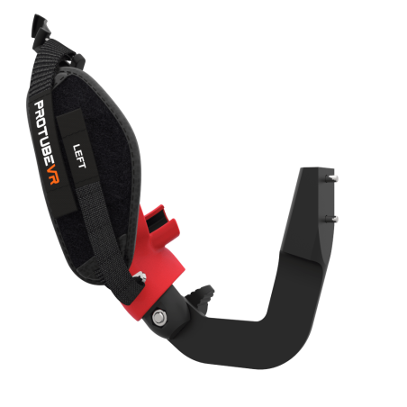 Left view of ProVolver Right Front extension to have an SMG simulator for Pico 4 with prostrap with Red PLA cup