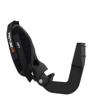 Left view of ProVolver Right Front extension to have an SMG simulator for Meta Quest 3 with prostrap with Black Carbon cup