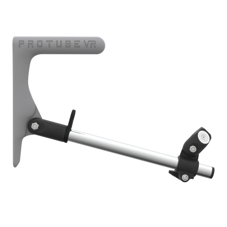 Side view of a SMG shoulder stock upgrade for Provolver haptic pistol with chrome armature and grey static MK1 stock
