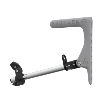 Left view of a SMG shoulder stock upgrade for Provolver haptic pistol with chrome armature and grey static MK1 stock