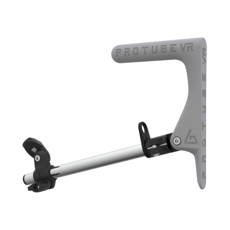 Left view of a SMG shoulder stock upgrade for Provolver haptic pistol with chrome armature and grey static MK1 stock