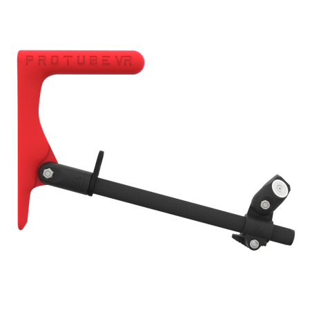 Side view of a SMG shoulder stock upgrade for Provolver haptic pistol with carbon armature and red static MK1 stock