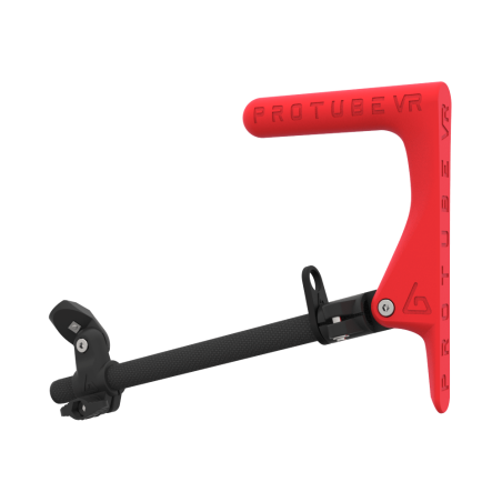 Left view of a SMG shoulder stock upgrade for Provolver haptic pistol with carbon armature and red static MK1 stock