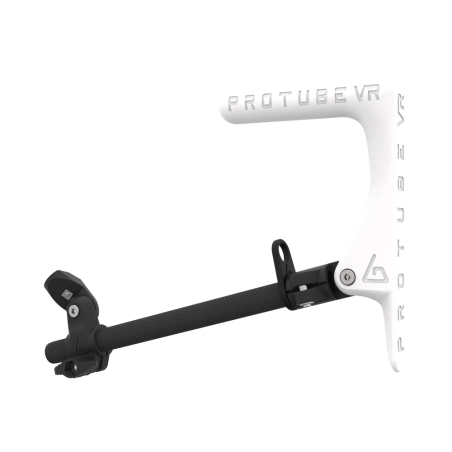 Left view of a SMG shoulder stock upgrade for Provolver haptic pistol with carbon armature and white static MK1 stock