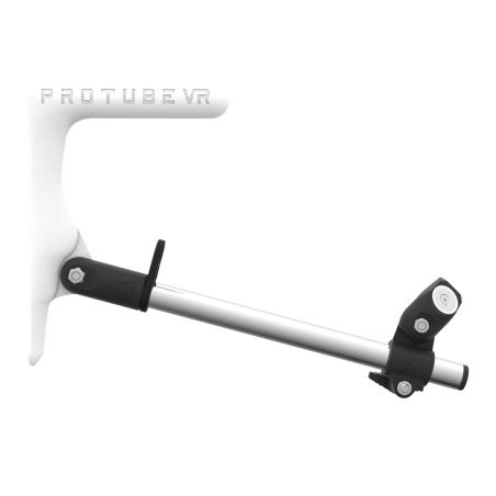 Side view of a SMG shoulder stock upgrade for Provolver haptic pistol with chrome armature and white static MK1 stock