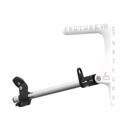 Left view of a SMG shoulder stock upgrade for Provolver haptic pistol with chrome armature and white static MK1 stock
