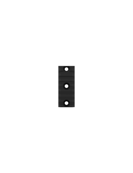 side view of a carbon black male picatini rail of three centimeters with three holes inside it
