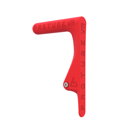 Left view of original MK1 static non-haptic red vr gun buttstock for shoulder point of contact