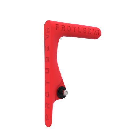 Right view of original MK1 static non-haptic red vr gun buttstock for shoulder point of contact