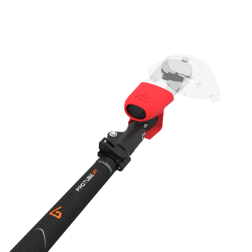 Close view of Swing It VR golf club for HTC Vive Carbon Armature and Red PLA cups Left hand