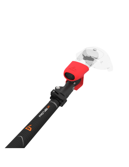 Close view of Swing It VR golf club for HTC Vive Carbon Armature and Red PLA cups Left hand