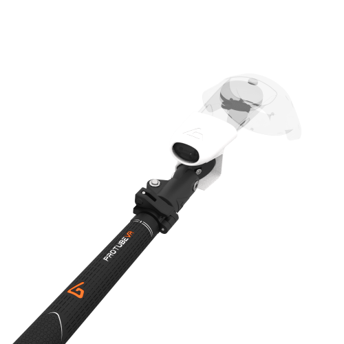 Close view of Swing It VR golf club for HTC Vive Carbon Armature and White PLA cups Left hand