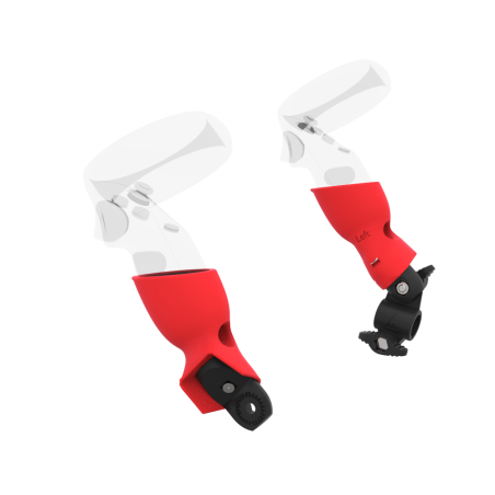 Left view of fastened vr gun stock to magtube gunstock with Red PLA cups for Meta Quest 1 and Rift S