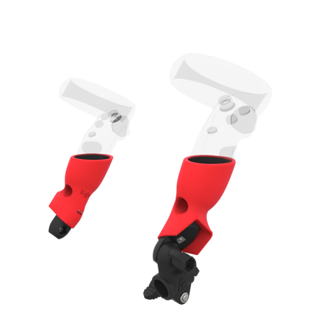 Right view of fastened vr gun stock to magtube gunstock with Red PLA cups for Meta Quest 1 and Rift S