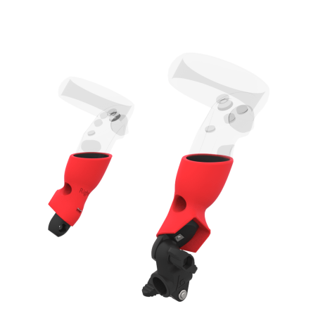 Right view of fastened vr gun stock to magtube gunstock with Red PLA cups for Meta Quest 1 and Rift S