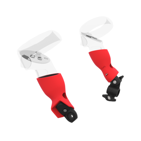 Left view of fastened vr gun stock to magtube gunstock with Red PLA cups for Meta Quest 2