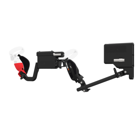 Left view of ProVolver for Meta Quest 1 and Rift S with Black Rear Cup Left Explorer haptic stock Carbon tube front red