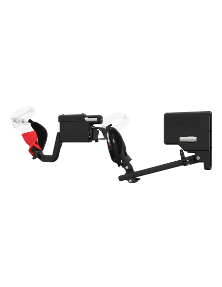 Left view of ProVolver for Meta Quest 2 with Black Rear Cup Left Explorer haptic stock Carbon tube front red