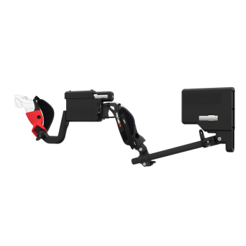 Left view of ProVolver for Meta Quest 3 and Quest Pro with Black Rear Cup Left Explorer haptic stock Carbon tube front red