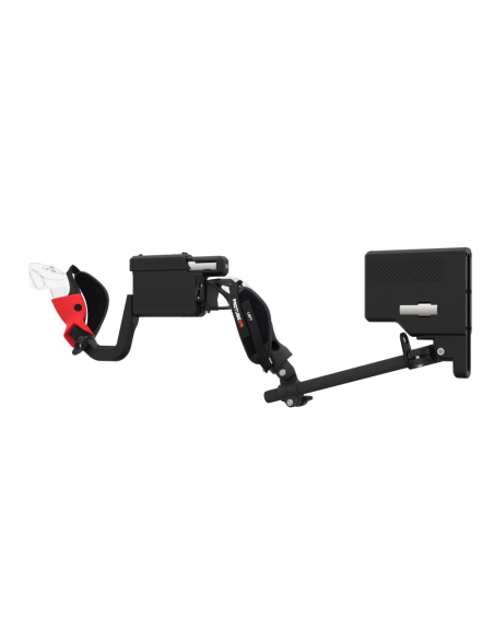 Left view of ProVolver for Meta Quest 3 and Quest Pro with Black Rear Cup Left Explorer haptic stock Carbon tube front red