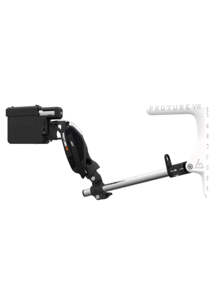 Left view of ProVolver for Meta Quest 3 and Quest Pro with Black Rear Cup Left White MK1 stock Chrome tube no front