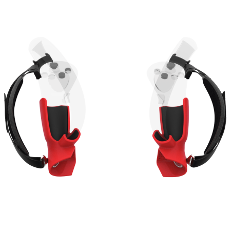 Player view of ProStraps MK1 for Pico 4 with transparent controllers and red cup mounts